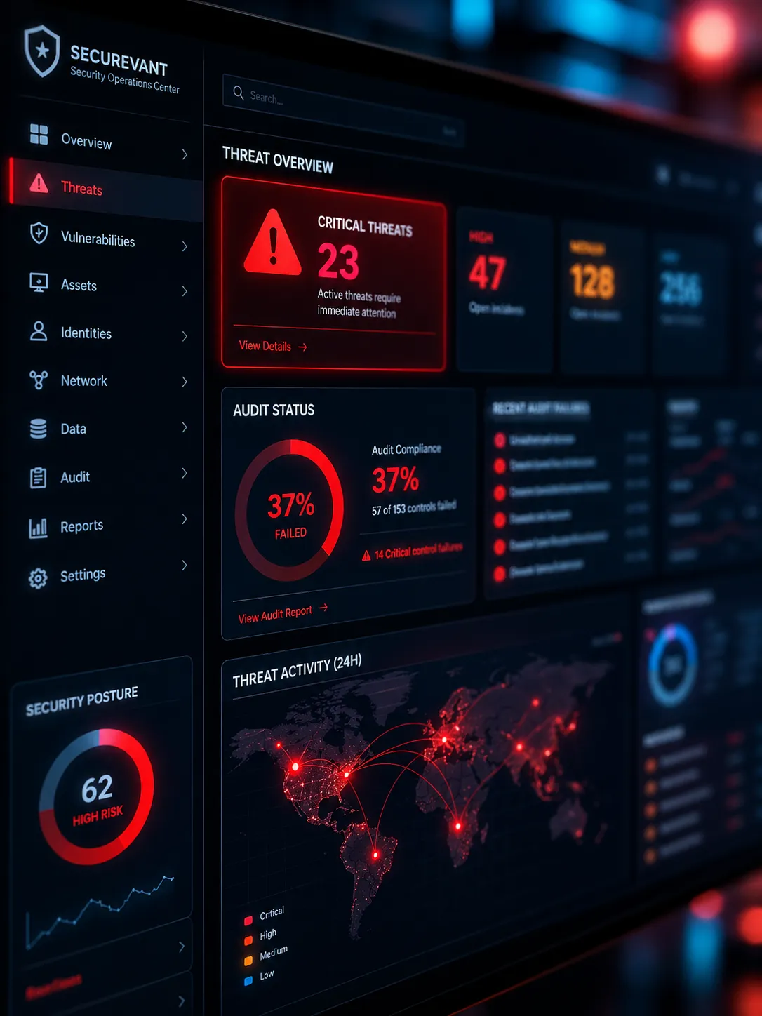 Security operations dashboard showing DOL and FTC audit compliance status for financial firms