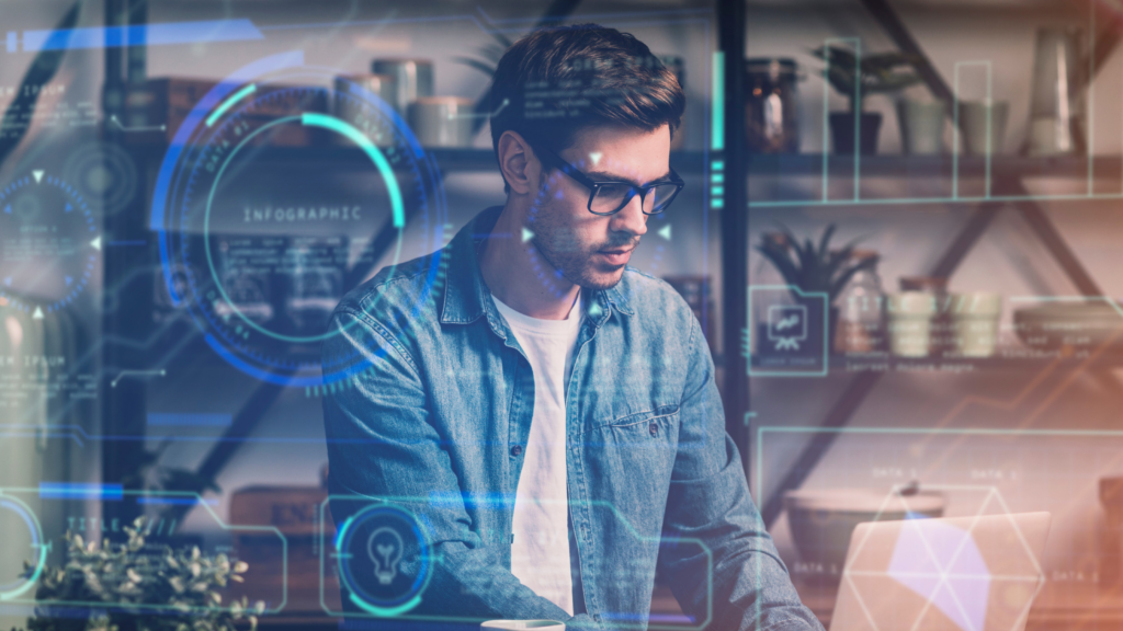 IT specialist working with code on a computer, overlaid with tech data graphics
